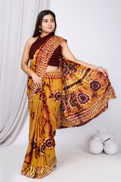 Printed Yellow Shibori Print Cotton MulMul Saree