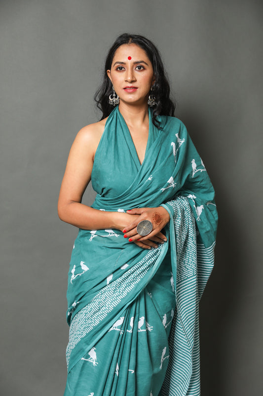 Cotton MulMul Sea Green Printed Sarees