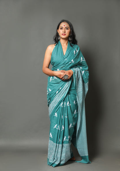 Cotton MulMul Sea Green Printed Sarees