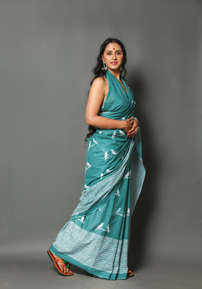 Cotton MulMul Sea Green Printed Sarees