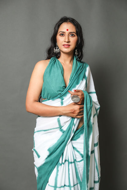 Printed White Shibori Print Cotton MulMul Saree
