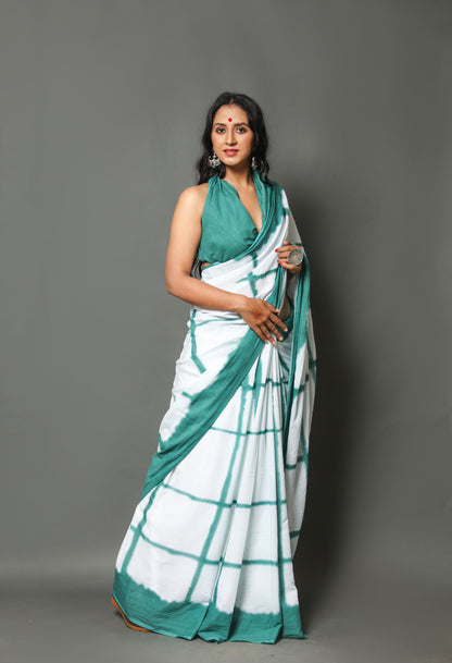 Printed White Shibori Print Cotton MulMul Saree