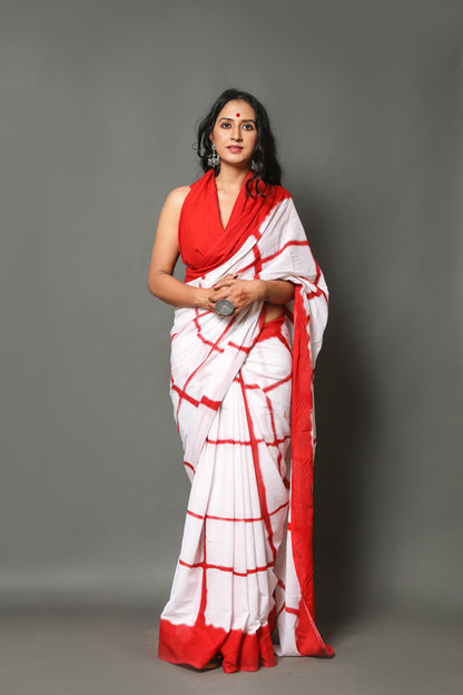 Printed White Shibori Print Cotton MulMul Saree