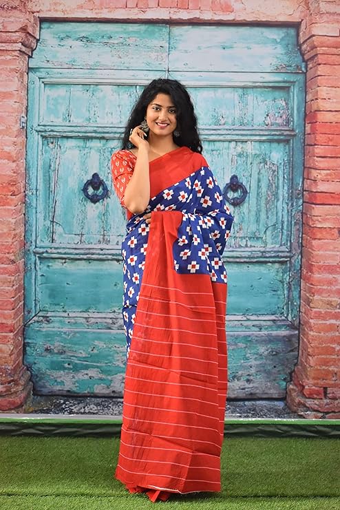 Printed Red Ikkat Print Cotton MulMul Saree