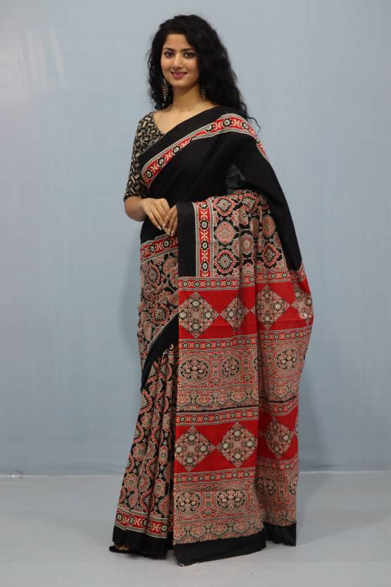 Printed Black Ajrak Print Cotton MulMul Saree