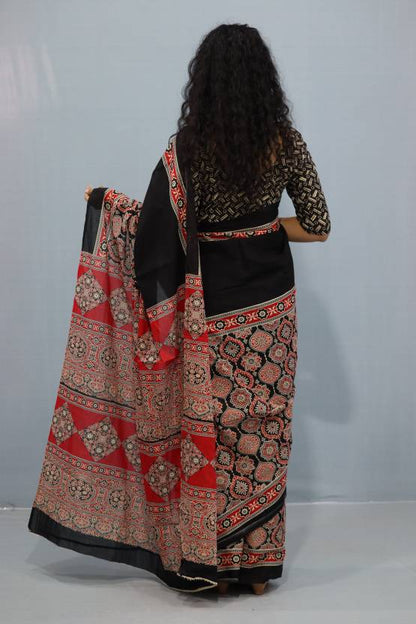Printed Black Ajrak Print Cotton MulMul Saree