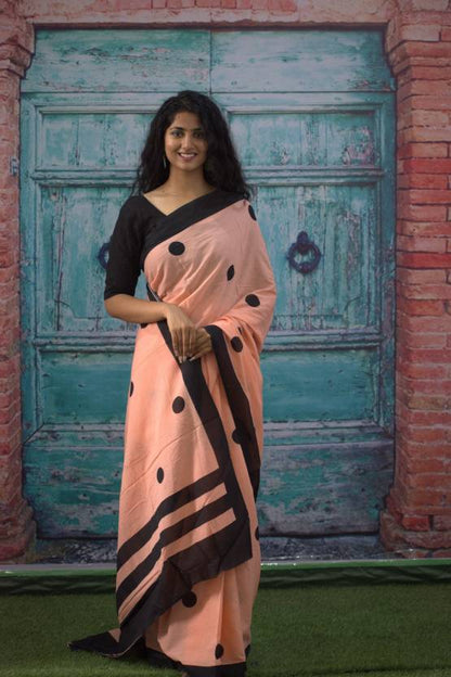 Cotton MulMul Peach Polka Printed Sarees