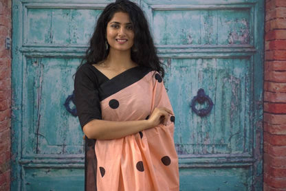 Cotton MulMul Peach Polka Printed Sarees