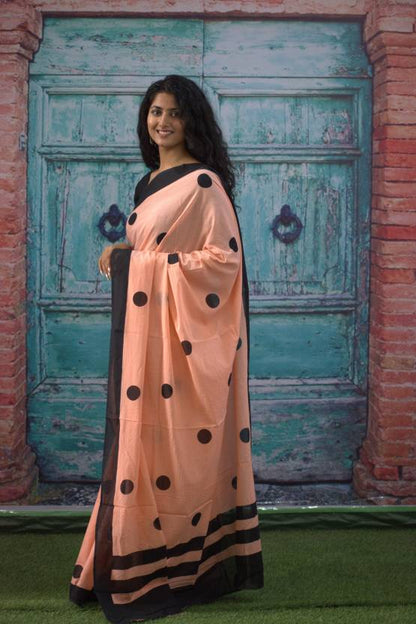 Cotton MulMul Peach Polka Printed Sarees