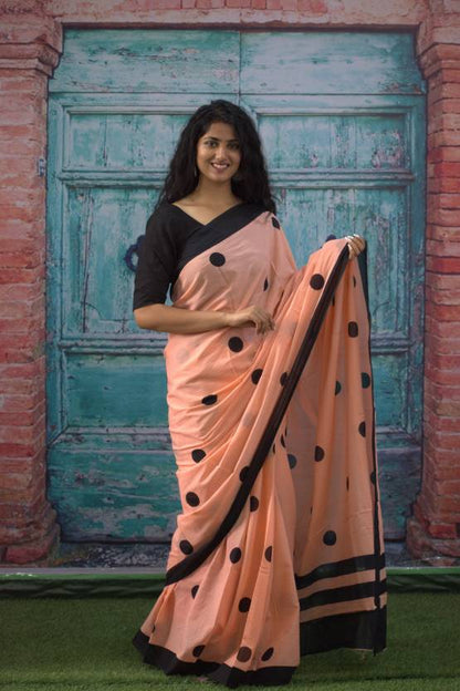 Cotton MulMul Peach Polka Printed Sarees