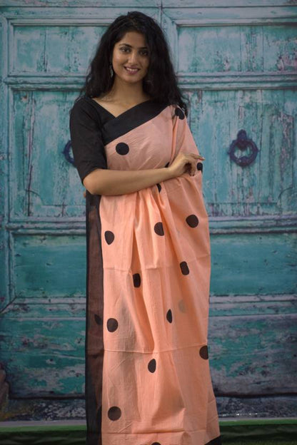 Cotton MulMul Peach Polka Printed Sarees