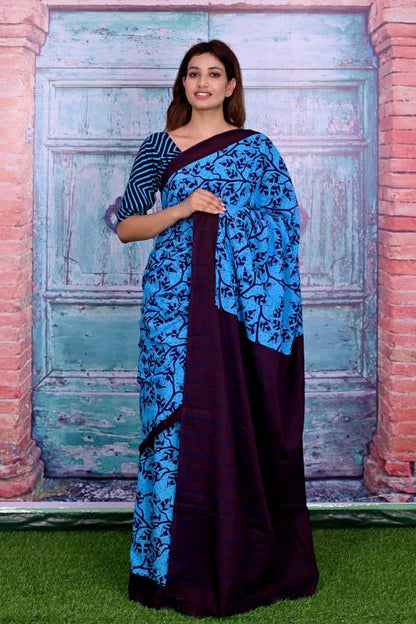 Cotton MulMul Blue Printed Sarees