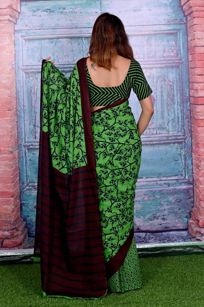 Cotton MulMul Green Printed Sarees
