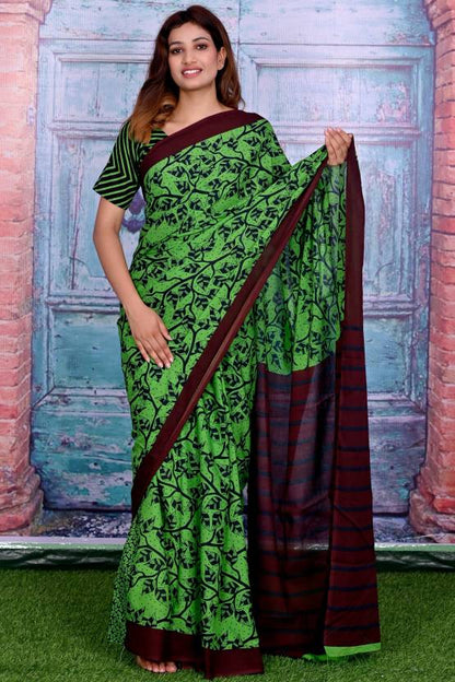 Cotton MulMul Green Printed Sarees