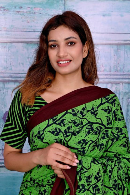 Cotton MulMul Green Printed Sarees