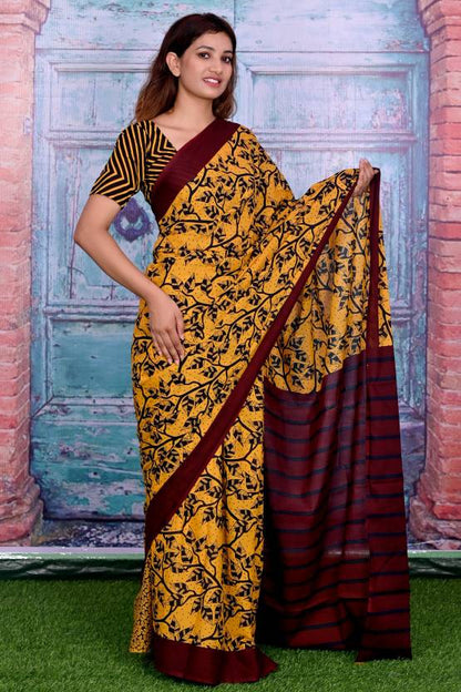 Cotton MulMul Yellow Printed Sarees