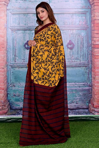 Cotton MulMul Yellow Printed Sarees