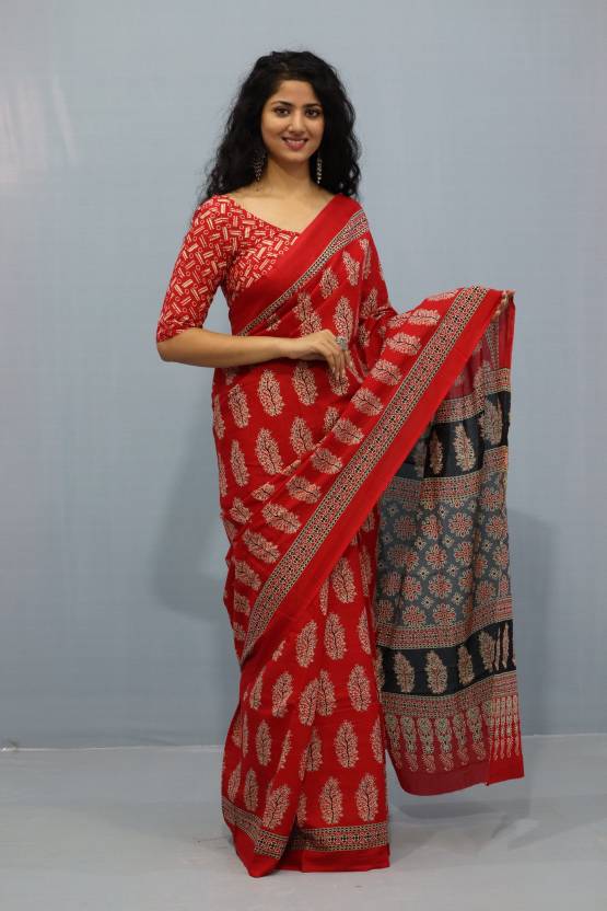 Printed Red Ajrak Print Cotton MulMul Saree