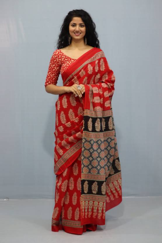 Printed Red Ajrak Print Cotton MulMul Saree