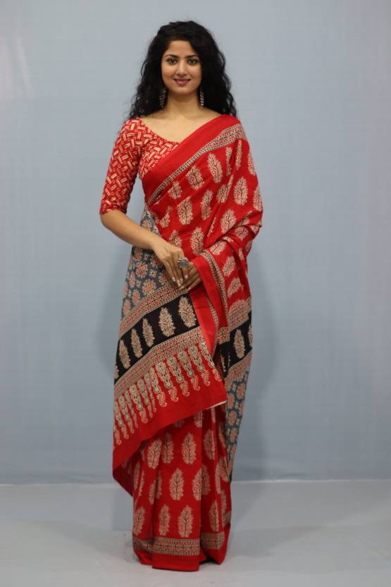 Printed Red Ajrak Print Cotton MulMul Saree