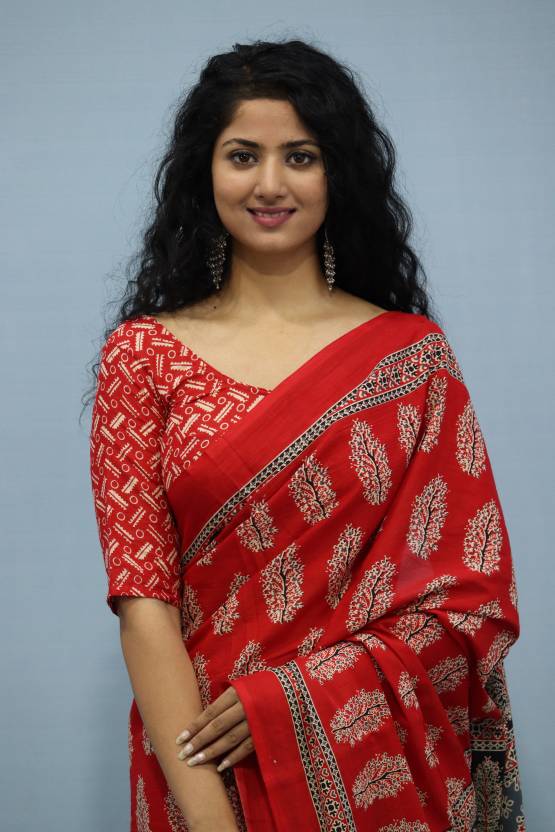 Printed Red Ajrak Print Cotton MulMul Saree