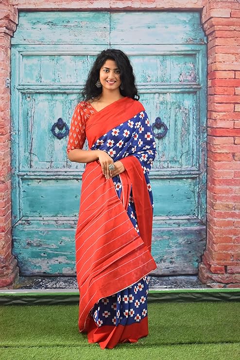 Printed Red Ikkat Print Cotton MulMul Saree
