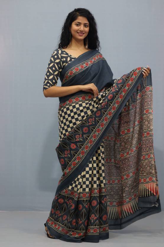 Printed Grey Ajrak Print Cotton MulMul Saree