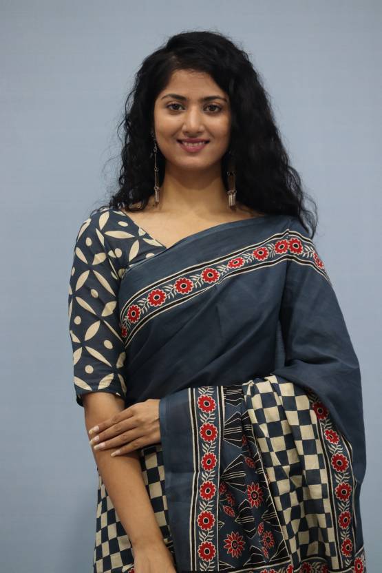 Printed Grey Ajrak Print Cotton MulMul Saree