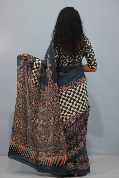 Printed Grey Ajrak Print Cotton MulMul Saree