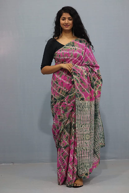 Printed Pink Shibori Print Cotton MulMul Saree