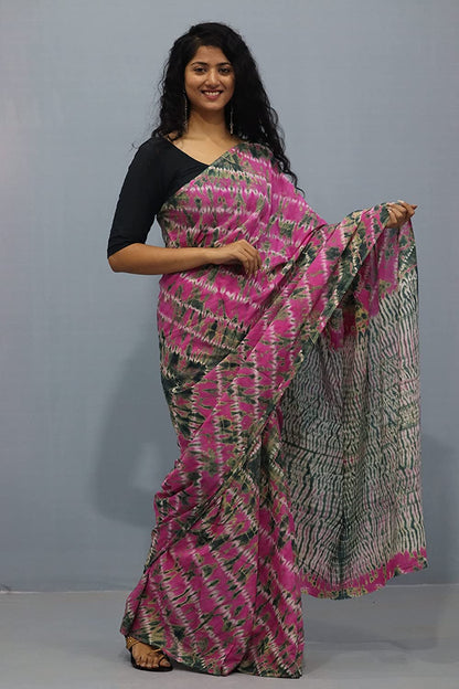 Printed Pink Shibori Print Cotton MulMul Saree