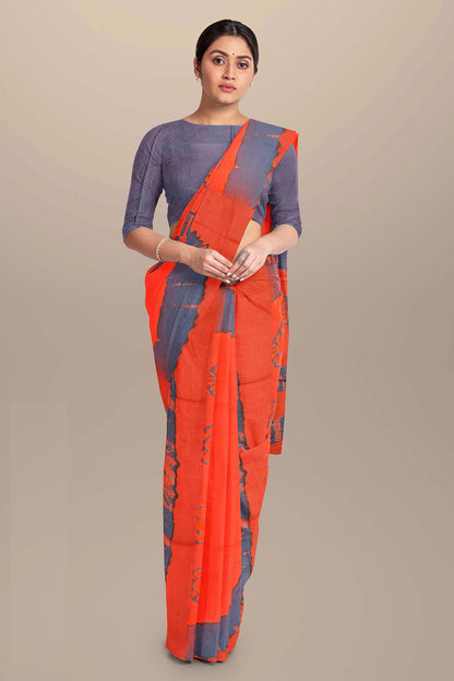 Printed Orange Shibori Print Cotton MulMul Saree