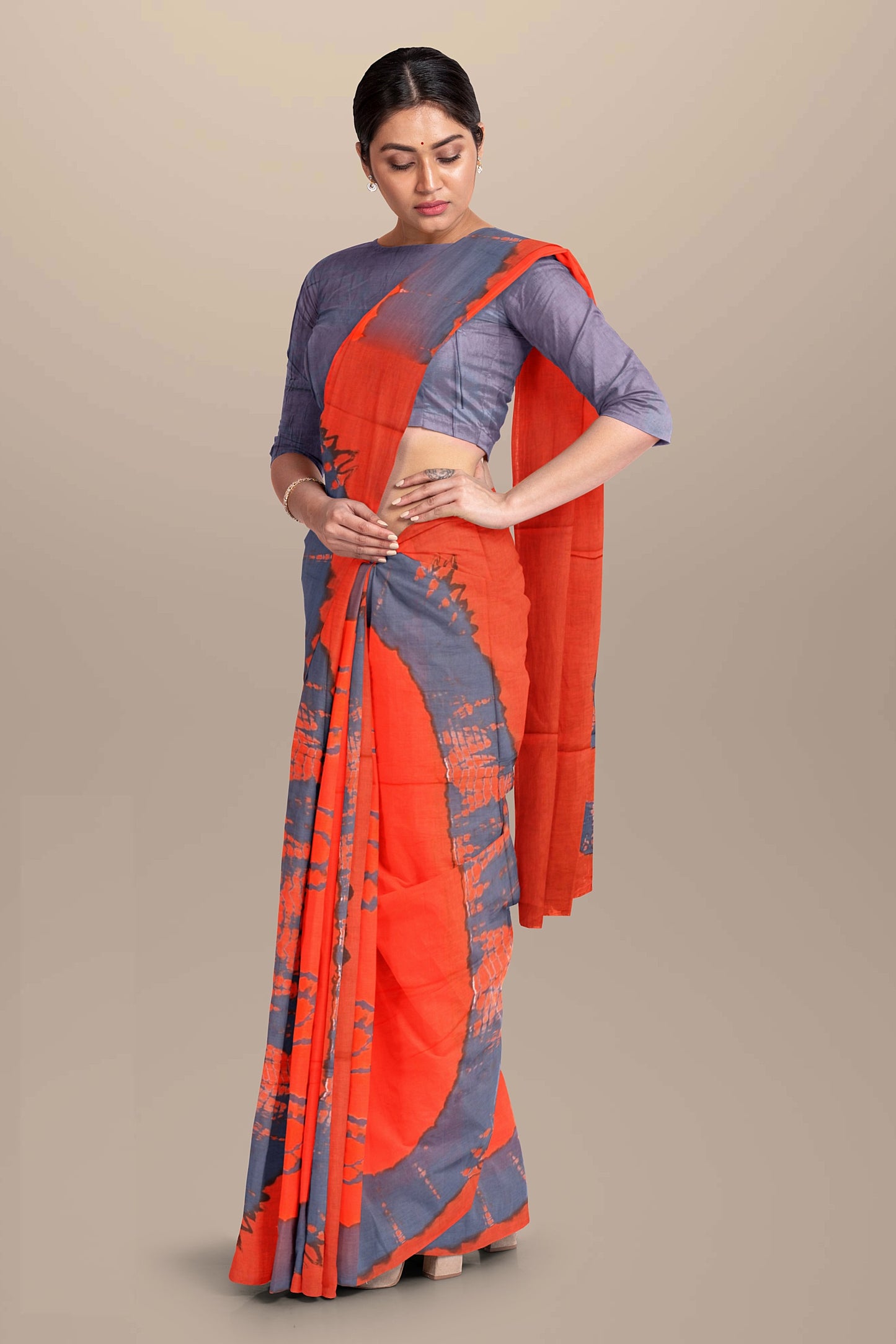 Printed Orange Shibori Print Cotton MulMul Saree