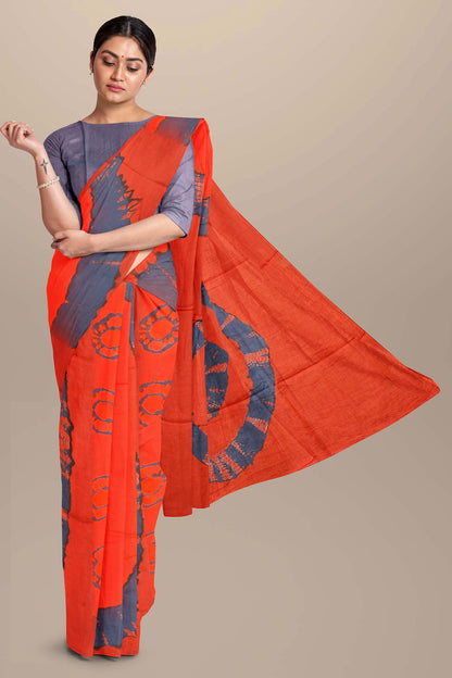 Printed Orange Shibori Print Cotton MulMul Saree