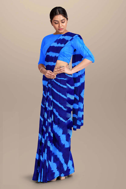 Printed Blue Shibori Print Cotton MulMul Saree
