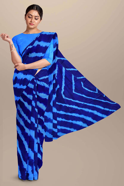 Printed Blue Shibori Print Cotton MulMul Saree