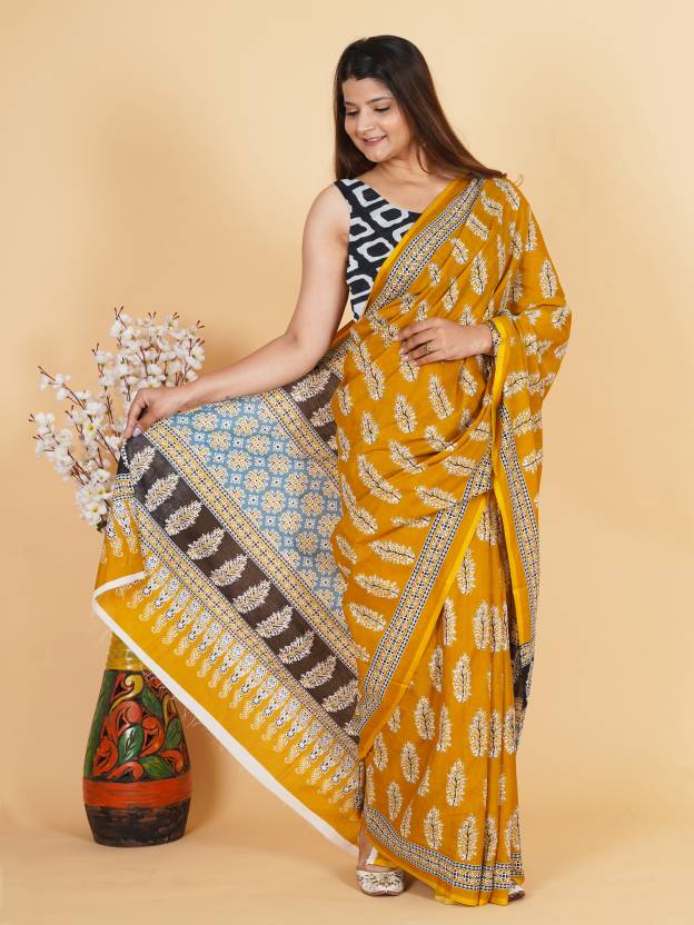 Printed Yellow Ajrak Print Cotton MulMul Saree
