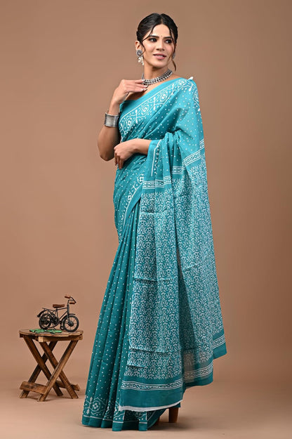Cotton MulMul Sea Green Printed Sarees