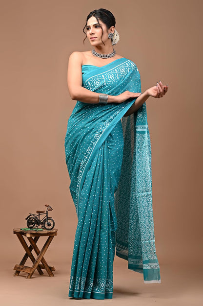 Cotton MulMul Sea Green Printed Sarees