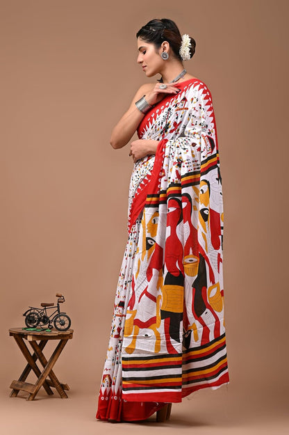 Cotton MulMul White Printed Sarees