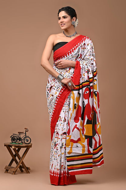 Cotton MulMul White Printed Sarees