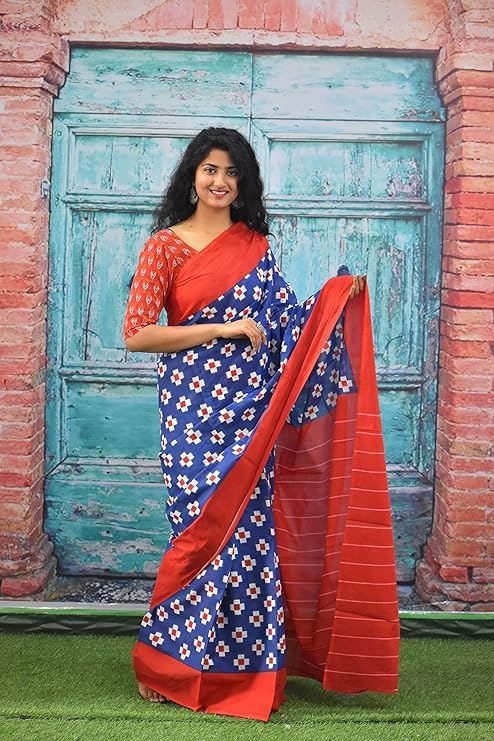 Printed Red Ikkat Print Cotton MulMul Saree