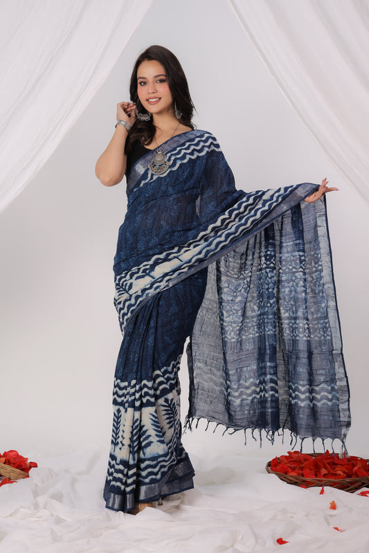 Premium Blue Indigo Cotton Linen Saree