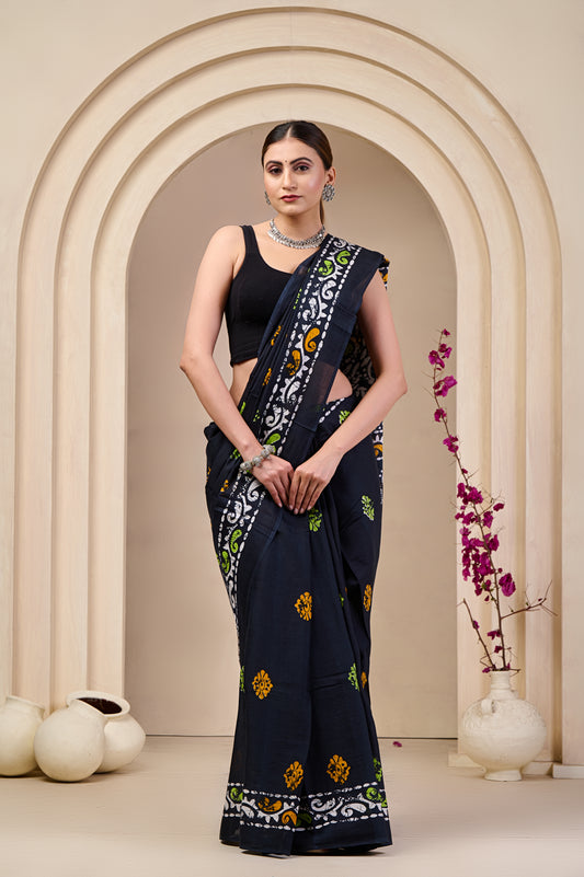 Printed Black Print Cotton MulMul Saree