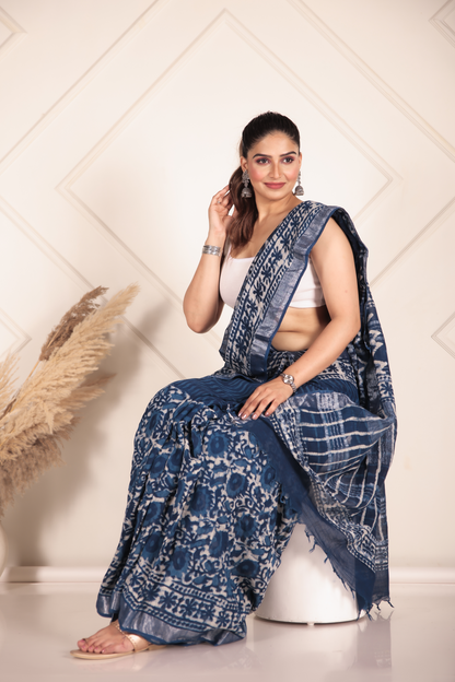 Premium Blue Indigo Cotton Linen Saree