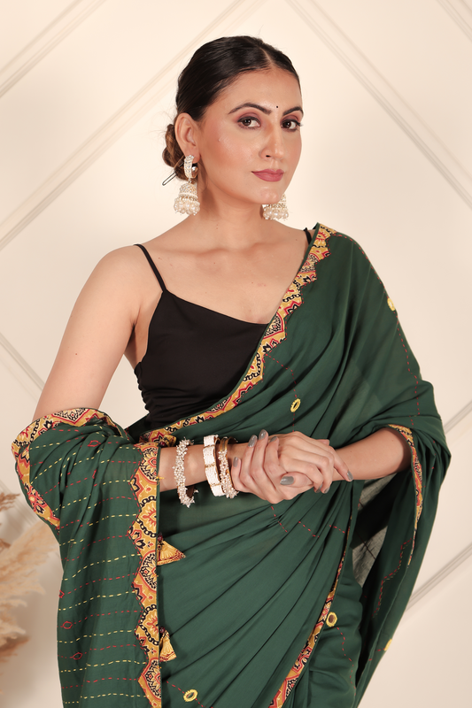 Ajrakh Patch Work Green Cotton MulMul Saree