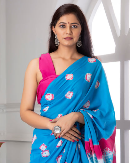 Printed Sky Blue Shibori Print Cotton MulMul Saree