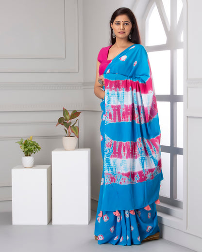 Printed Sky Blue Shibori Print Cotton MulMul Saree
