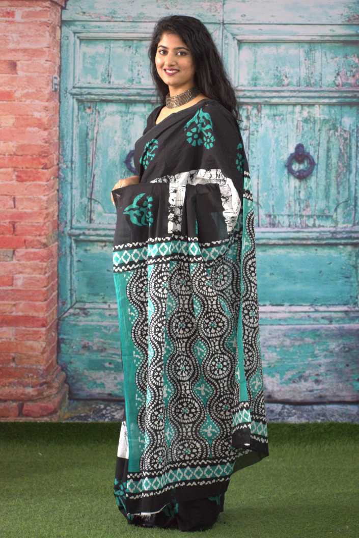 Printed Black Batik Print Cotton MulMul Saree