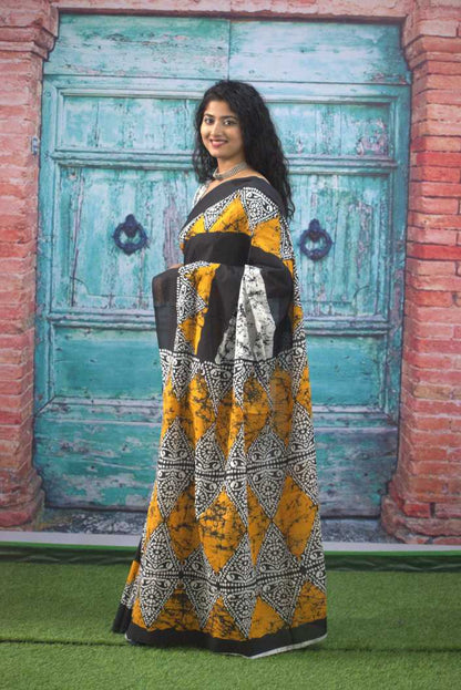 Printed Mustard Batik Print Cotton MulMul Saree